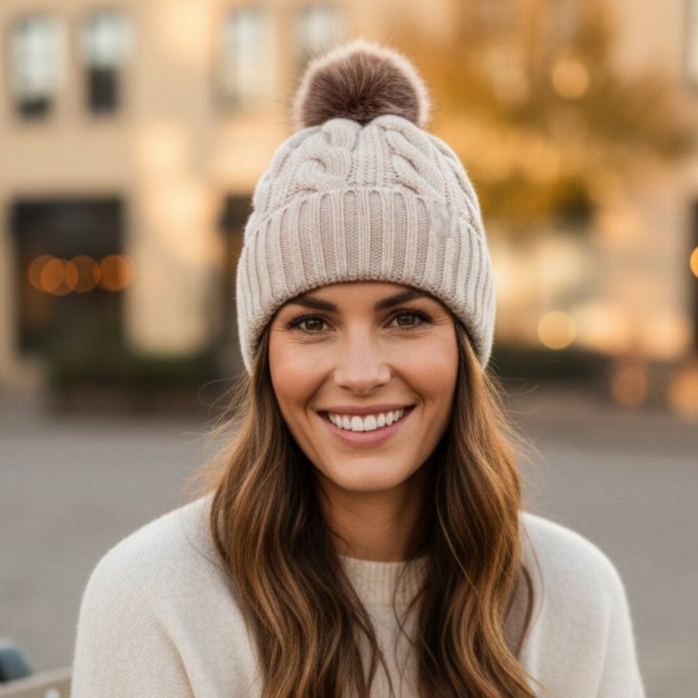 2/$30 Beige Cable-Knit Beanie Hat with Pom-Pom Autumn Winter Women